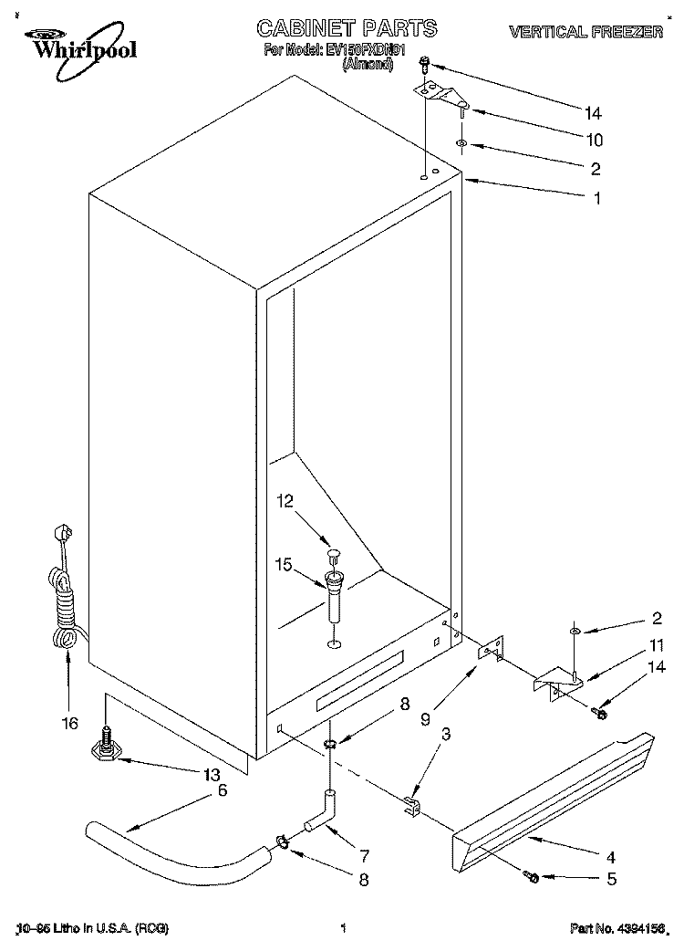 CABINET Diagram and Parts List for EV150FXDN01  Whirlpool Freezer