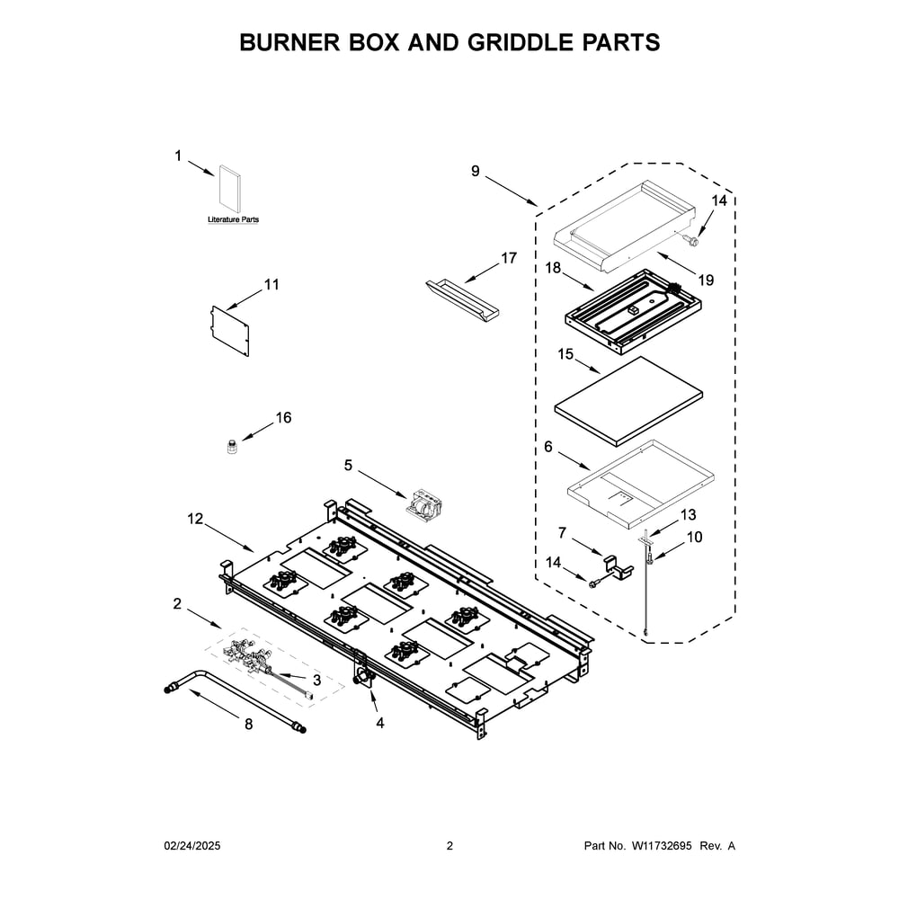 Burner Box And Griddle Parts Diagram and Parts List for KFDC558JMB03  KitchenAid Range