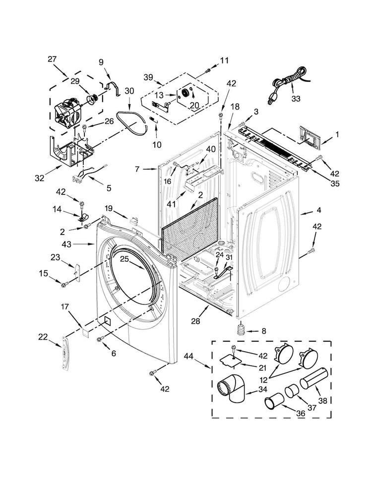 Cabinet Parts Diagram and Parts List for 7MWGD72HEDW1  Whirlpool Dryer
