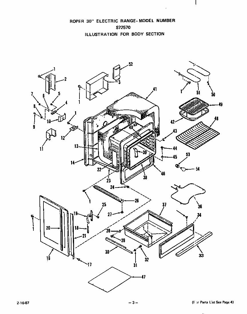 Body Diagram and Parts List for S7257*0  Roper Range