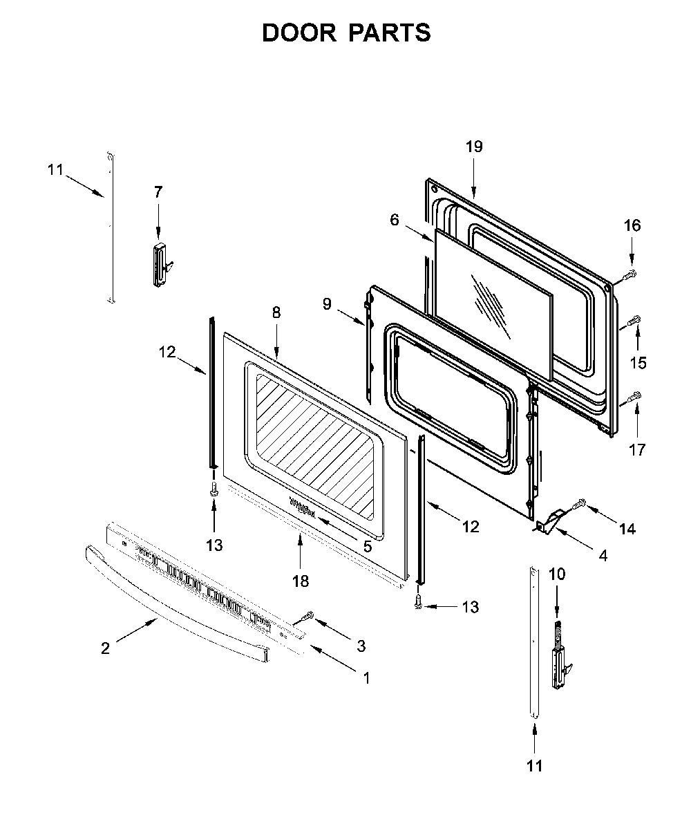 Door parts Diagram and Parts List for WFC150M0JS0  Whirlpool Range