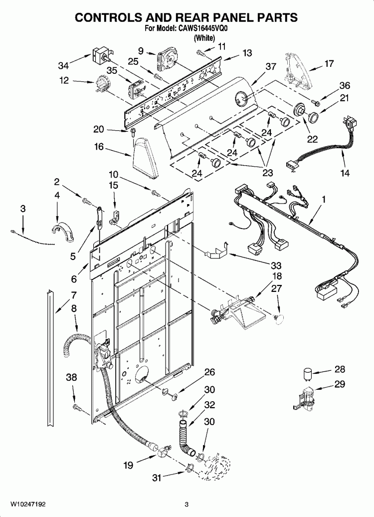 CONTROLS AND REAR PANEL PARTS Diagram and Parts List for CAWS16445VQ0  Crosley Washer