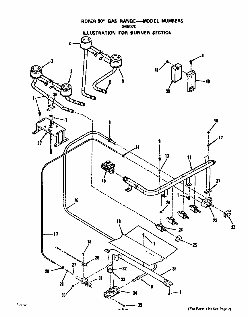 Burner Diagram and Parts List for S6507*0  Roper Range