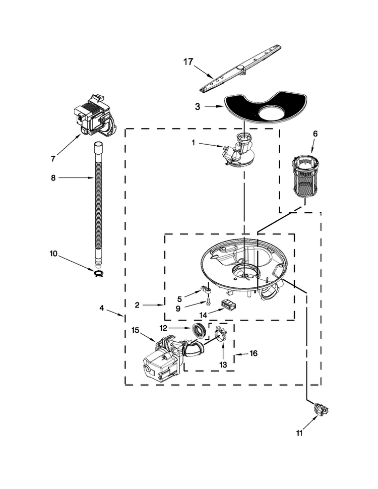 Pump, Washarm And Motor Parts Diagram and Parts List for 7WDF530PAYM6  Whirlpool Dishwasher