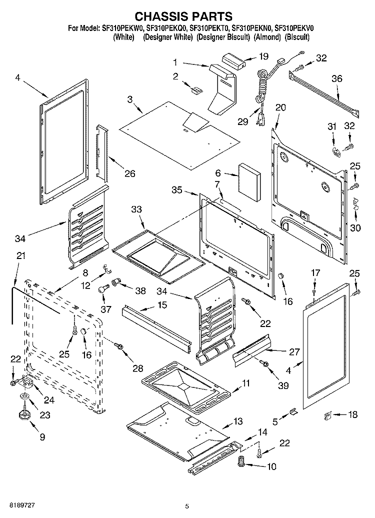 CHASSIS Diagram and Parts List for SF310PEKV0  Whirlpool Range