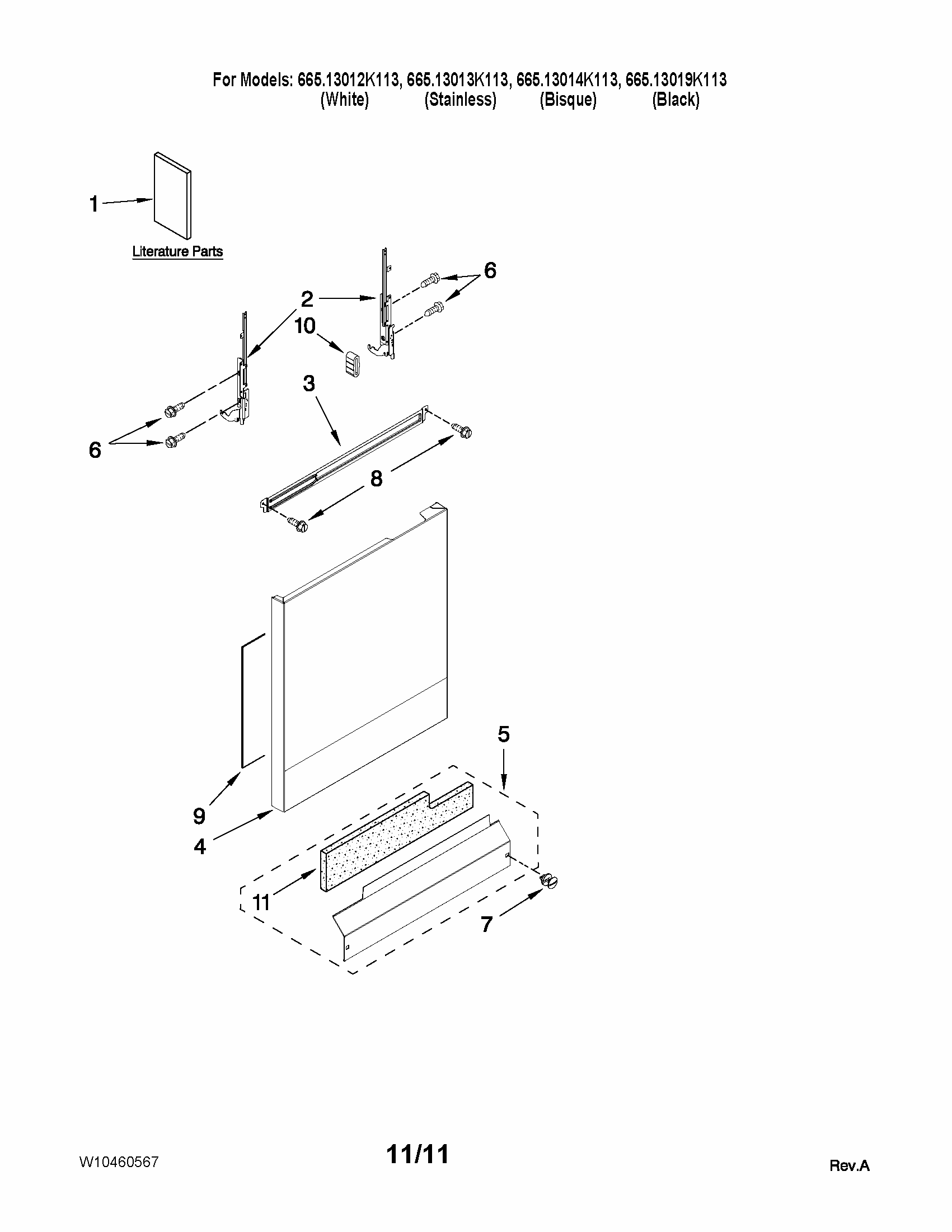Door And Panel Parts Diagram and Parts List for 66513019K113  Kenmore Dishwasher