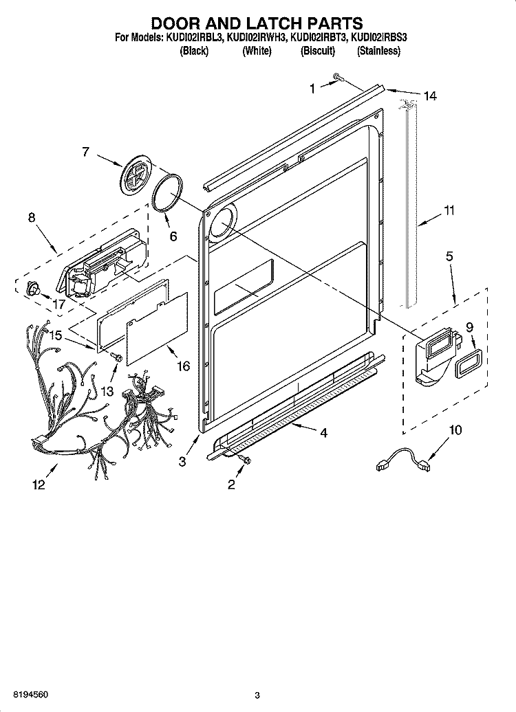 DOOR AND LATCH PARTS Diagram and Parts List for KUDI02IRBL3  KitchenAid Dishwasher