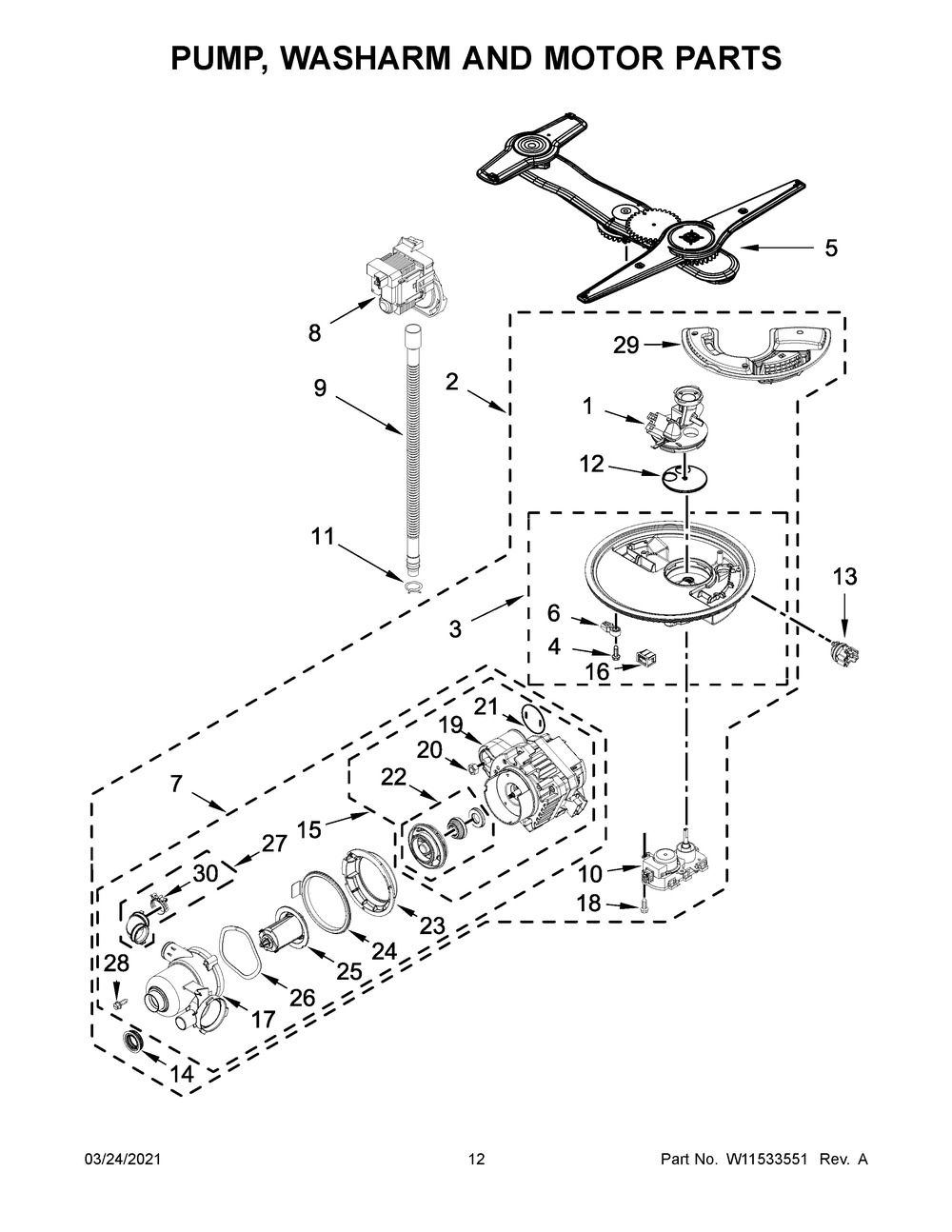 Pump, Washarm And Motor Parts Diagram and Parts List for 66514815N613  Whirlpool Dishwasher