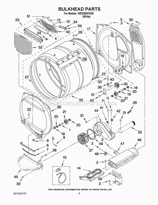 BULKHEAD PARTS Diagram and Parts List for WED5600XW0  Whirlpool Dryer