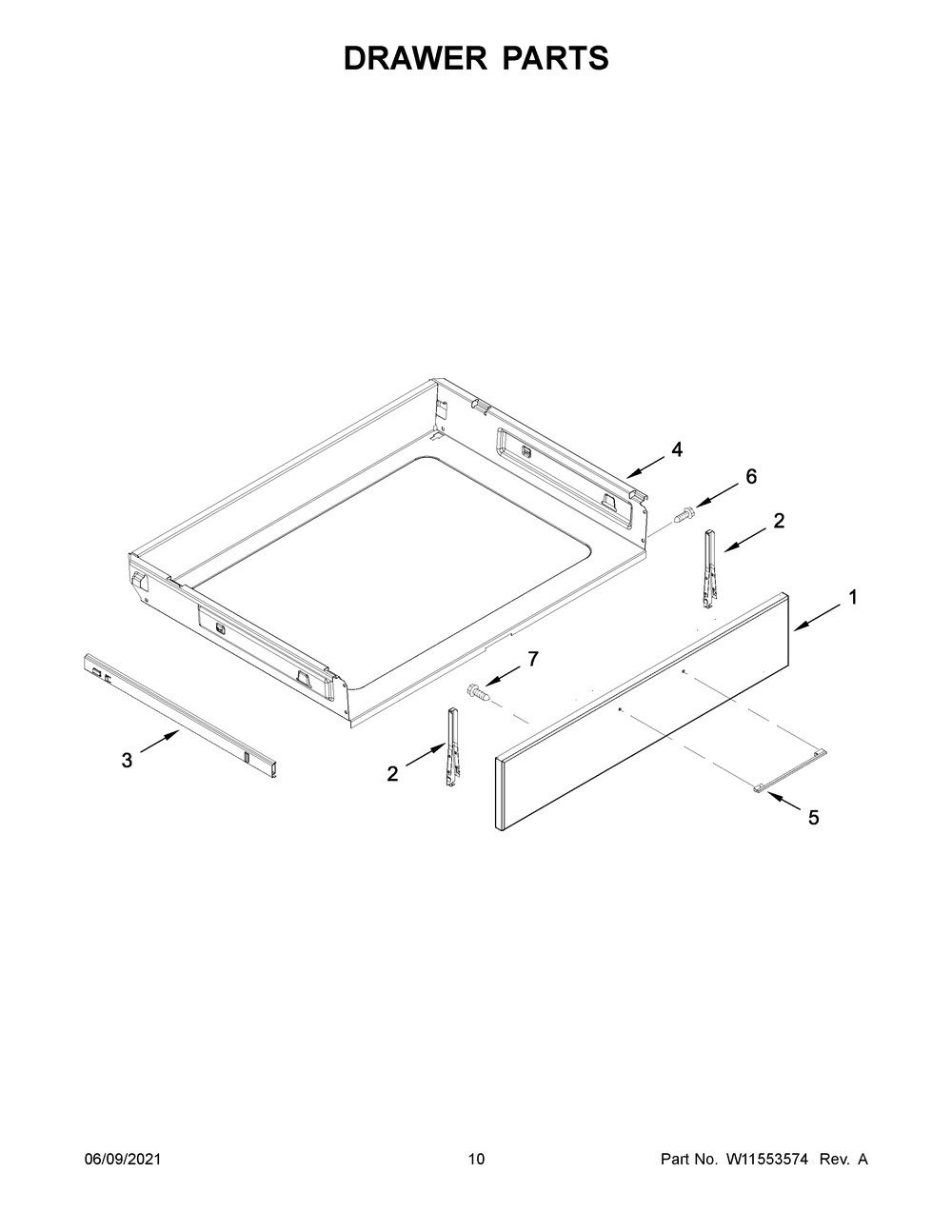 Drawer Parts Diagram and Parts List for WEGA25H0HZ1  Whirlpool Range