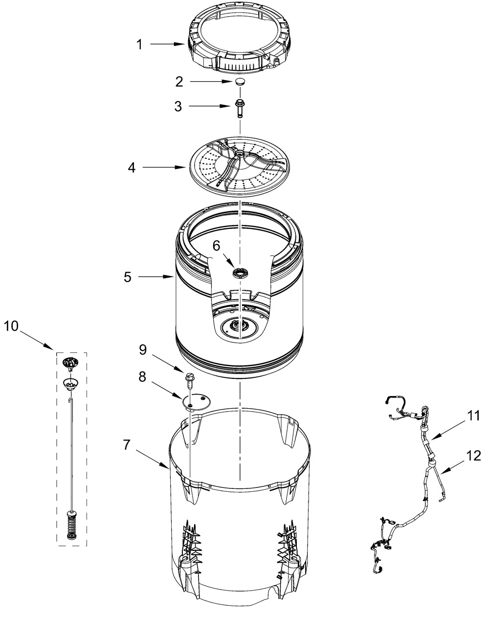 Basket And Tub Parts Diagram and Parts List for ZWW5310RB0  Whirlpool Washer