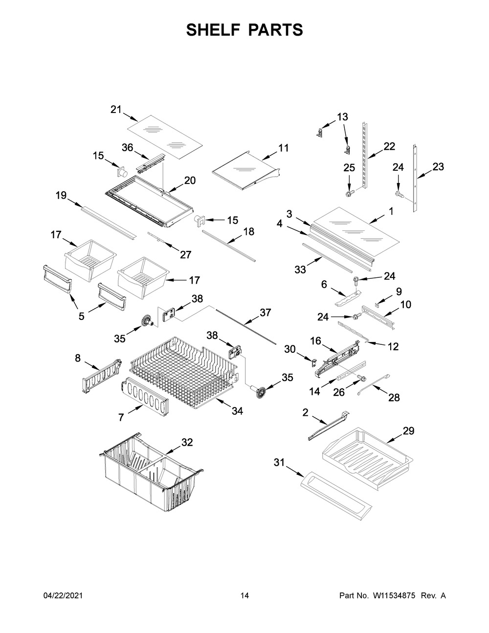 Shelf Parts Diagram and Parts List for WRF532SNHZ05  Whirlpool Refrigerator