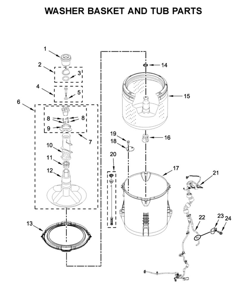 Washer Basket And Tub Parts Diagram and Parts List for WGT4027HW0  Whirlpool Washer Dryer Combo