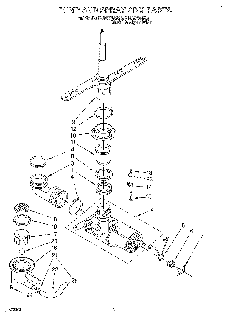 PUMP AND SPRAYARM Diagram and Parts List for RUD5750DB3  Roper Dishwasher