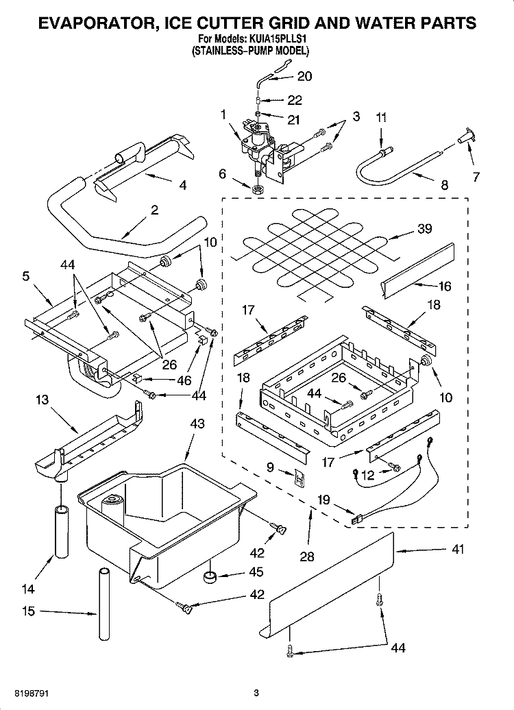 EVAPORATOR ICE CUTTER GRID AND WATER PARTS Diagram and Parts List for KUIA15PLLS1  KitchenAid Ice Maker