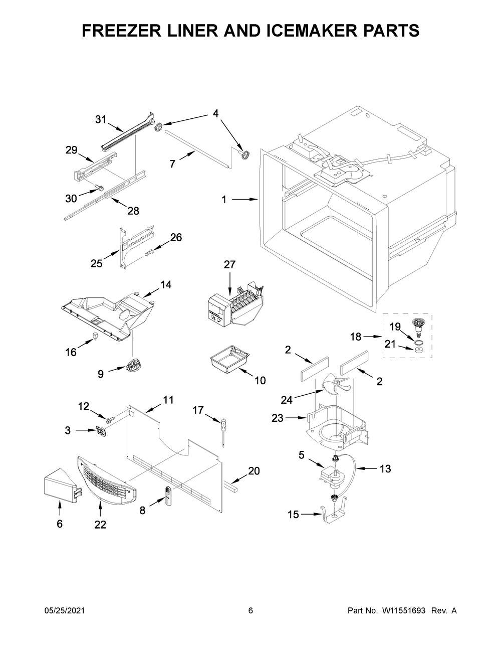 Freezer Liner And Icemaker Parts Diagram and Parts List for WRFA32SMHZ06  Whirlpool Refrigerator
