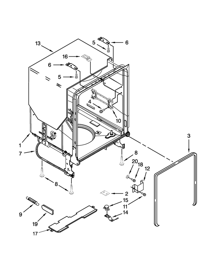 Tub And Frame Parts Diagram and Parts List for WDF530PLYM7  Whirlpool Dishwasher