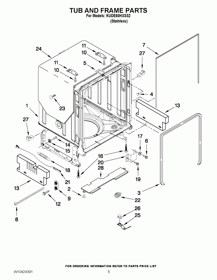 TUB AND FRAME PARTS Diagram and Parts List for KUDE60HXSS2  KitchenAid Dishwasher