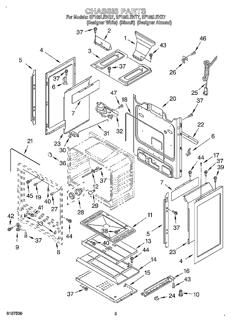 CHASSIS Diagram and Parts List for SF197LEHZ7  Whirlpool Range