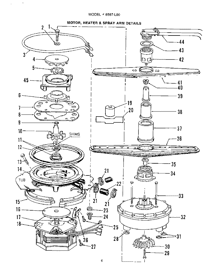 MOTOR, HEATER AND SPRAY ARM Diagram and Parts List for 8597L00  Roper Dishwasher