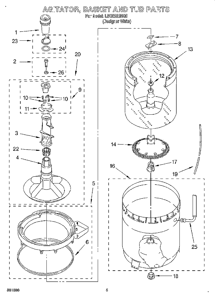 AGITATOR, BASKET AND TUB Diagram and Parts List for LSQ8220HQ0  Whirlpool Washer