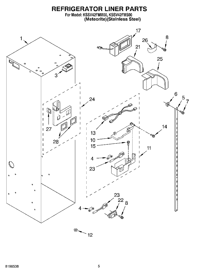 REFRIGERATOR LINER PARTS Diagram and Parts List for KSSV42FMS00  KitchenAid Refrigerator