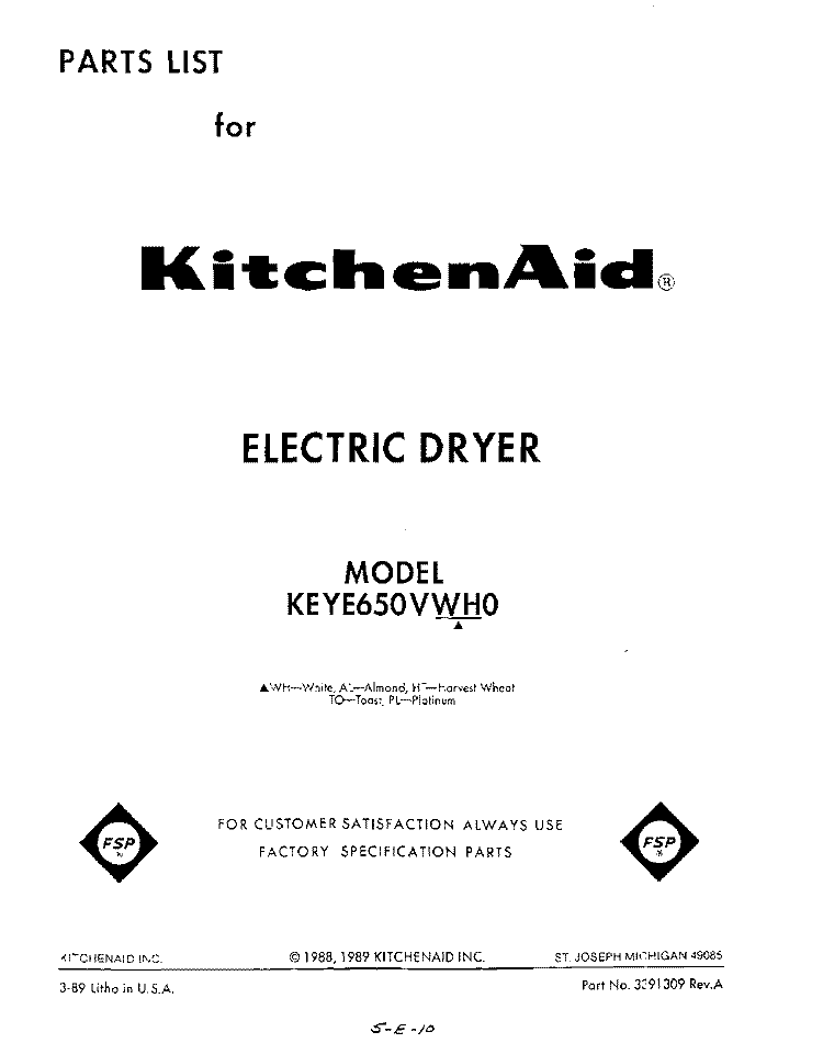 SECTION Diagram and Parts List for KEYE650VPL0  KitchenAid Dryer