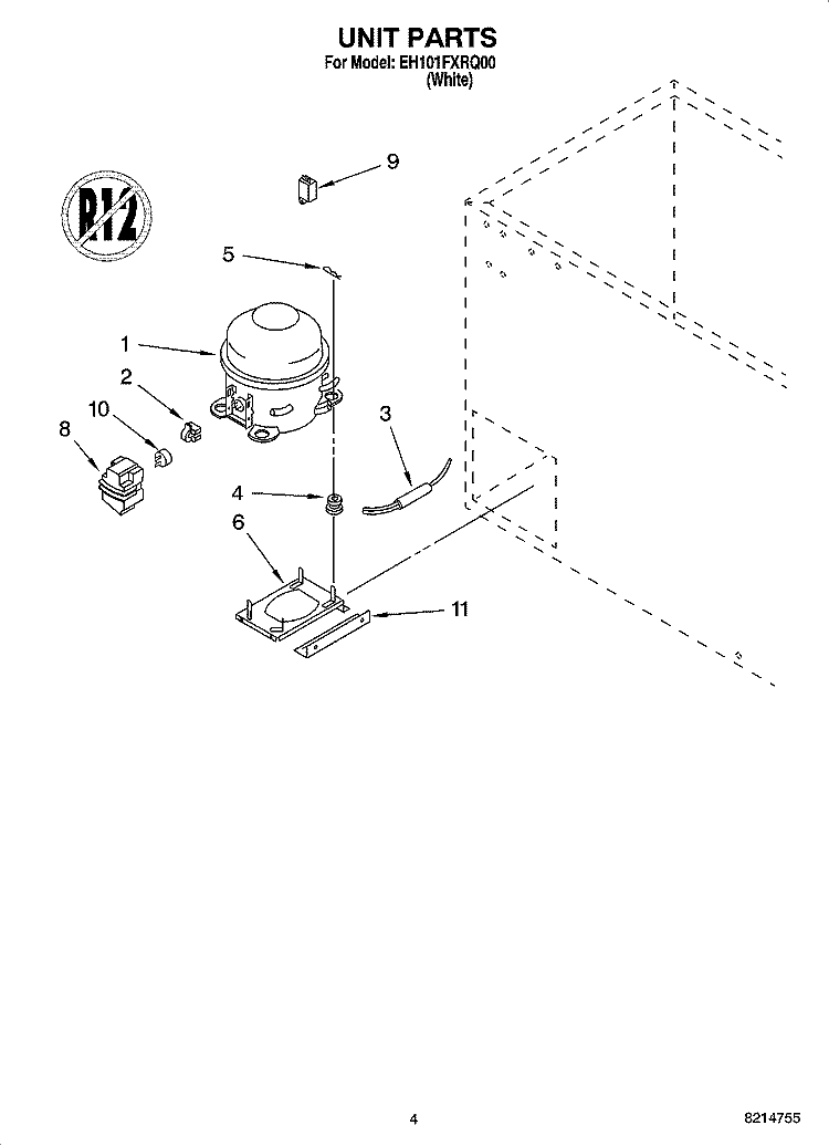 UNIT PARTS, OPTIONAL PARTS (NOT INCLUDED) Diagram and Parts List for EH101FXRQ00  Whirlpool Freezer