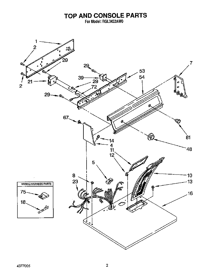 TOP AND CONSOLE, LIT/OPTIONAL Diagram and Parts List for RGL3422AL0  Roper Dryer