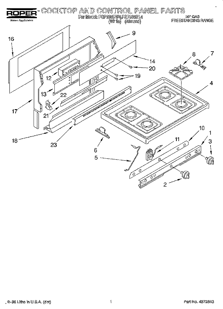 COOKTOP AND CONTROL PANEL Diagram and Parts List for FGP335BL4  Roper Range