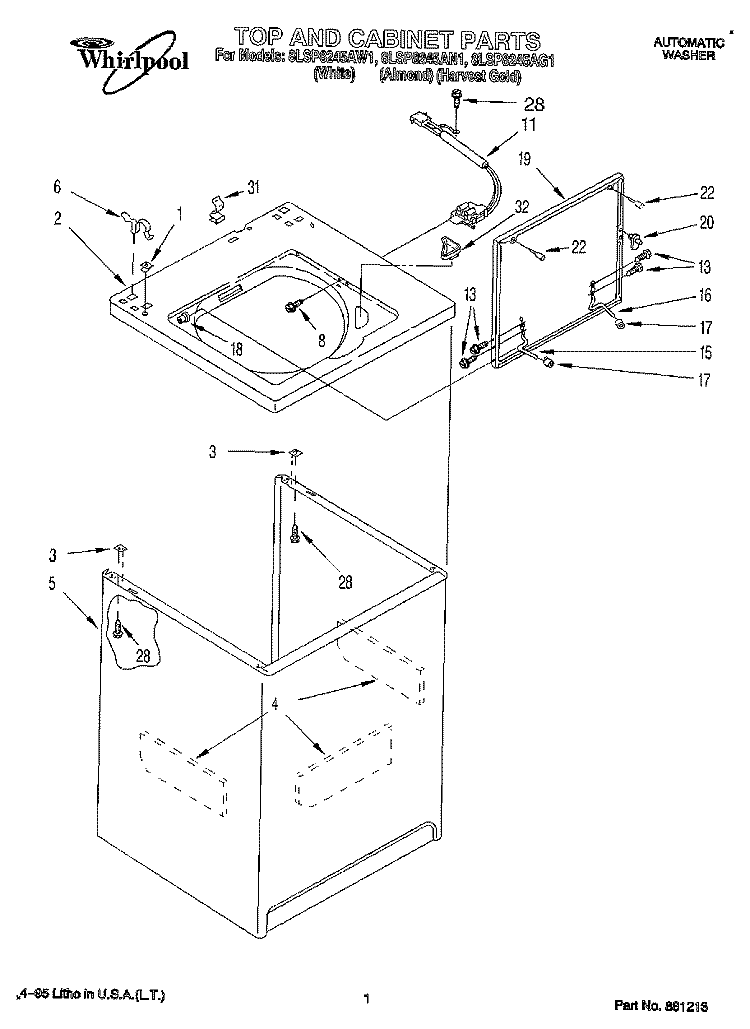 TOP AND CABINET, LIT/OPTIONAL Diagram and Parts List for 8LSP8245AN1  Whirlpool Washer