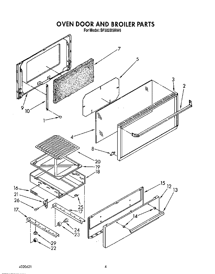 OVEN DOOR AND BROILER Diagram and Parts List for SF302BSRW6  Whirlpool Range