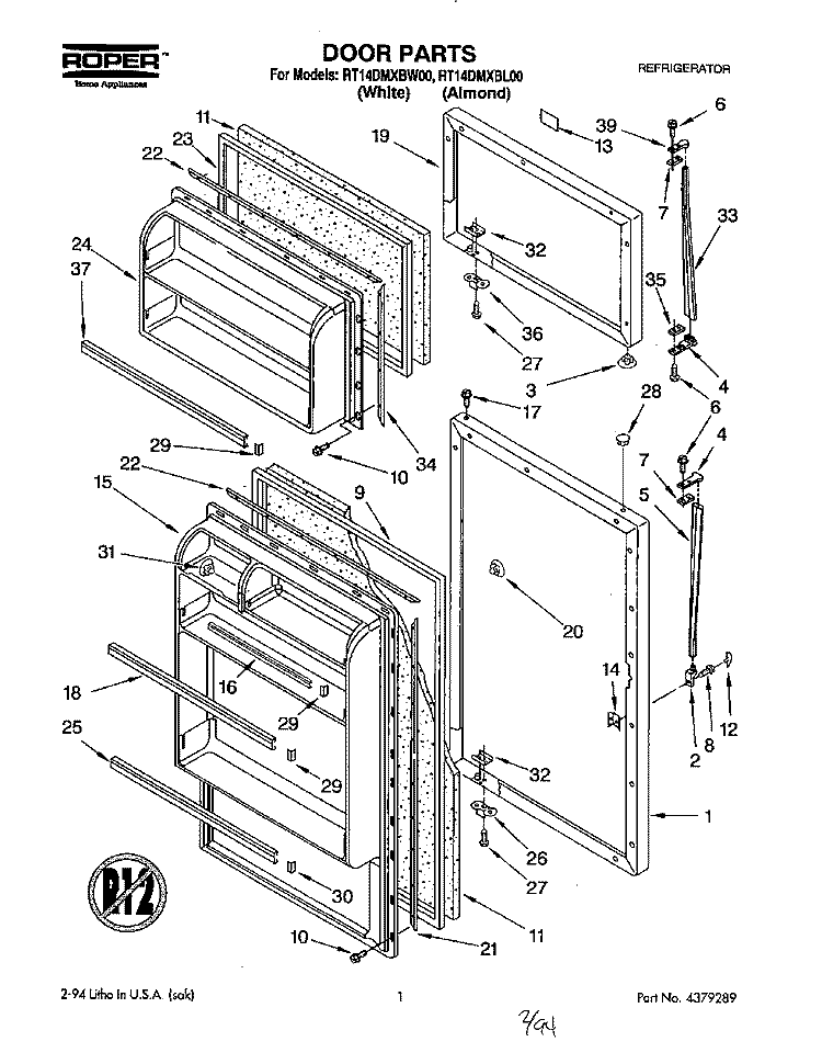 DOOR Diagram and Parts List for RT14DMXBW00  Roper Refrigerator
