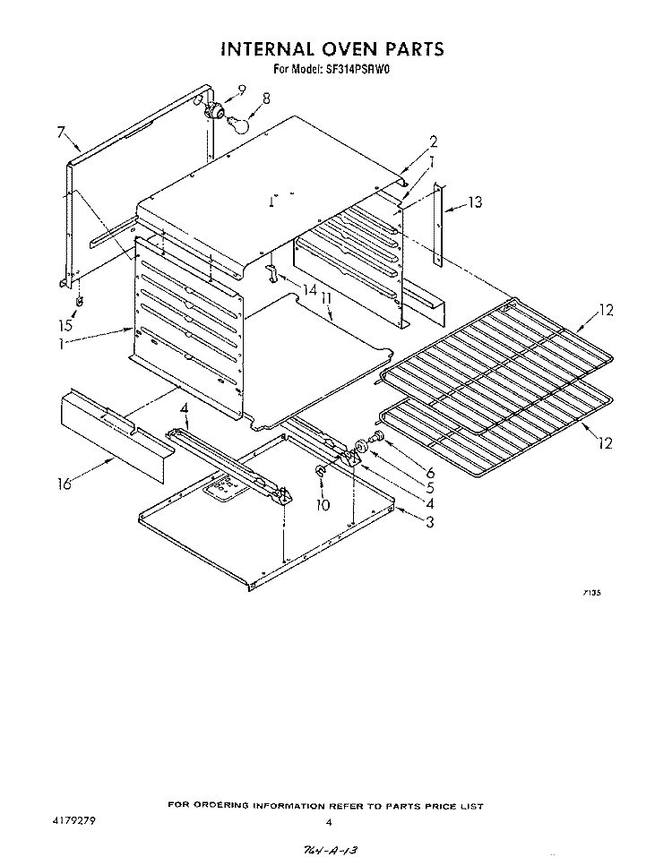 INTERNAL OVEN Diagram and Parts List for SF314PSRW0  Whirlpool Range