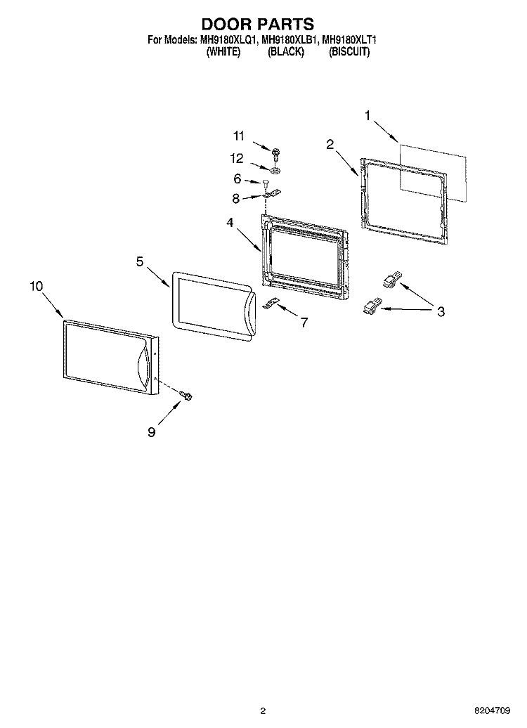 DOOR PARTS Diagram and Parts List for MH9180XLT1  Whirlpool Microwave