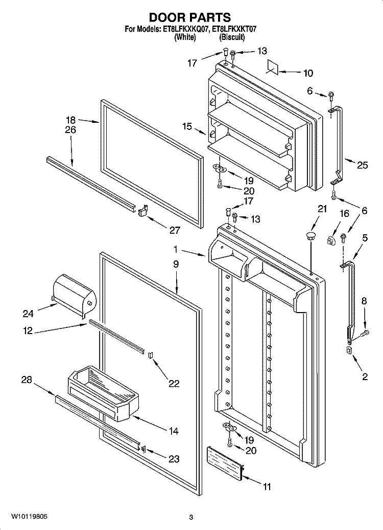 DOOR PARTS Diagram and Parts List for ET8LFKXKQ07  Whirlpool Refrigerator