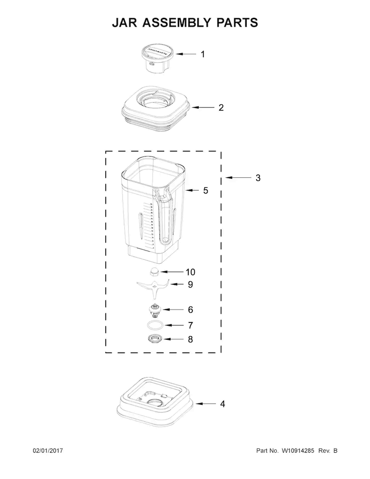 Jar Assembly Parts Diagram and Parts List for 4KSB7068OB0  KitchenAid Blender