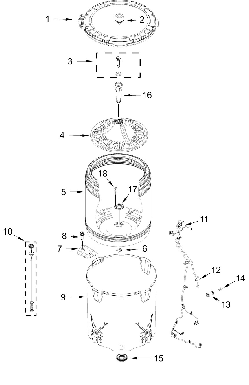Basket And Tub Parts Diagram and Parts List for WTW4105SW0  Whirlpool Washer