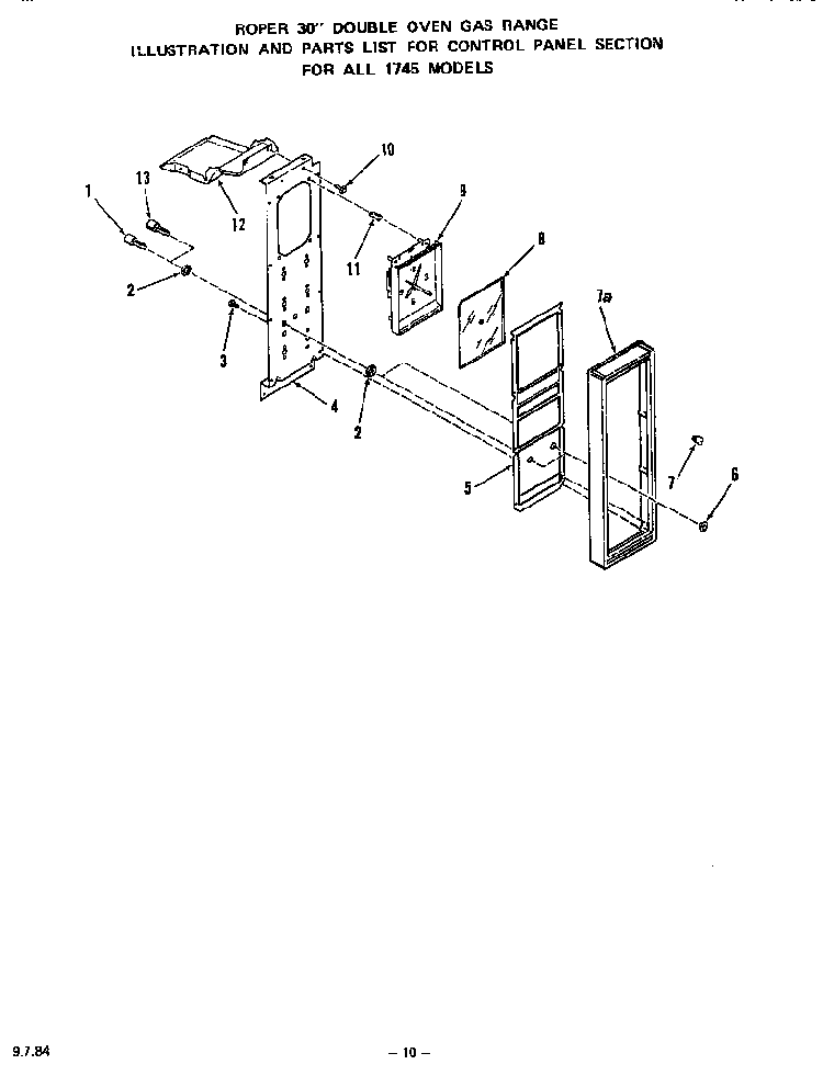 Control Panel Diagram and Parts List for 1745*0A  Roper Range