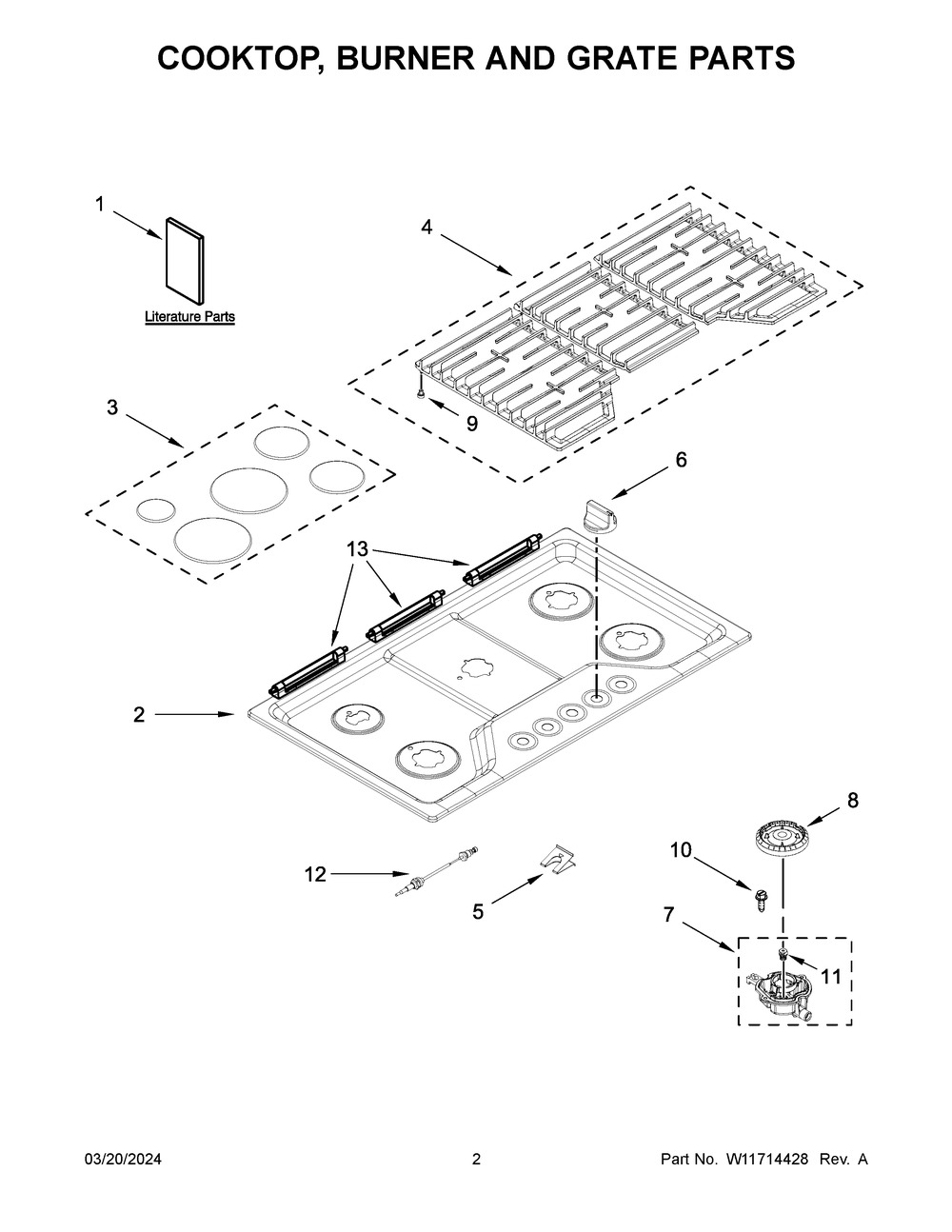 Cooktop, Burner And Grate Parts Diagram and Parts List for WCGK5036PV00  Whirlpool Cooktop