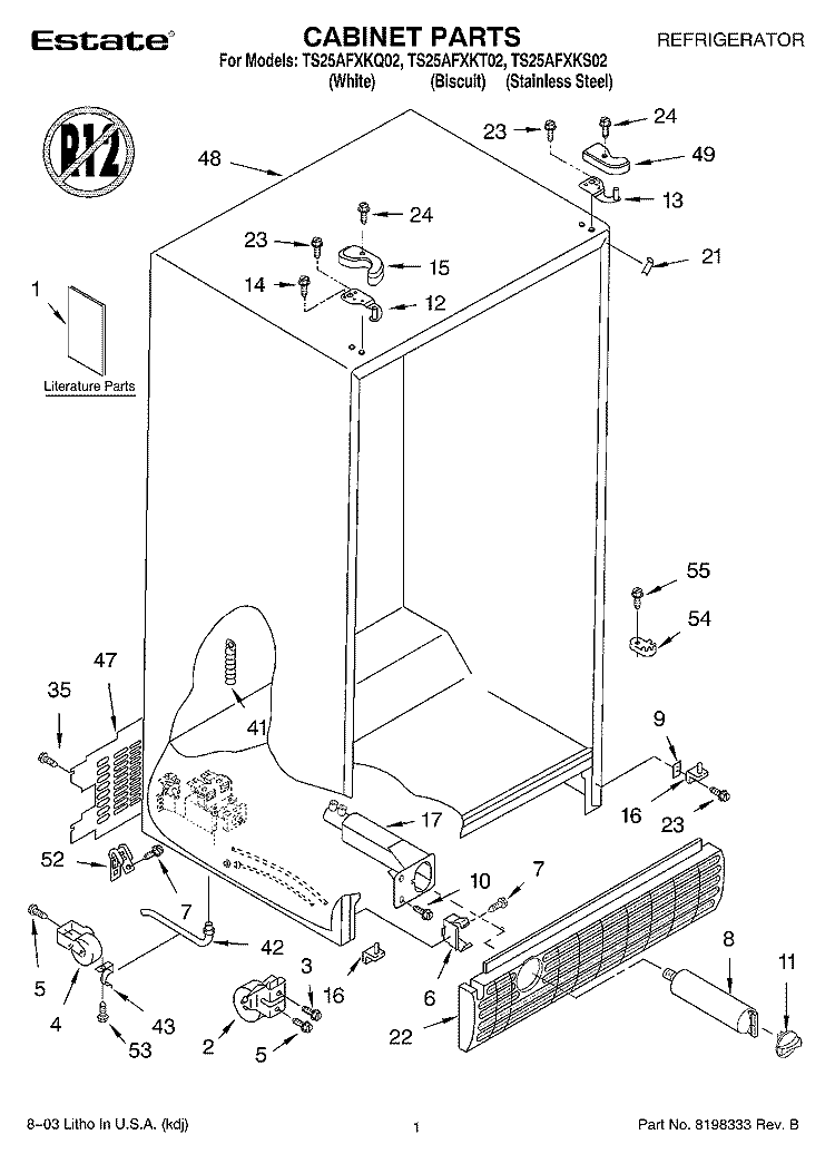 CABINET PARTS Diagram and Parts List for TS25AFXKT02  Estate Refrigerator