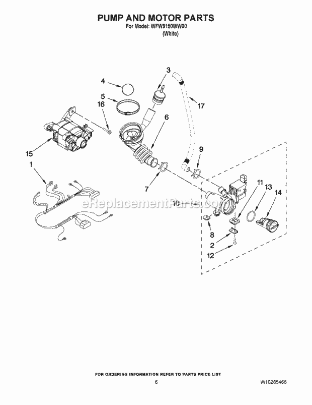 PUMP AND MOTOR PARTS Diagram and Parts List for WFW9150WW00  Whirlpool Washer