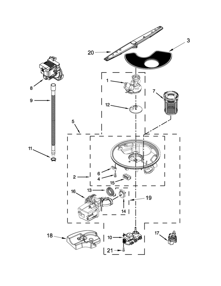 Pump, Washarm And Motor Parts Diagram and Parts List for 7WDT790SAYM3  Whirlpool Dishwasher