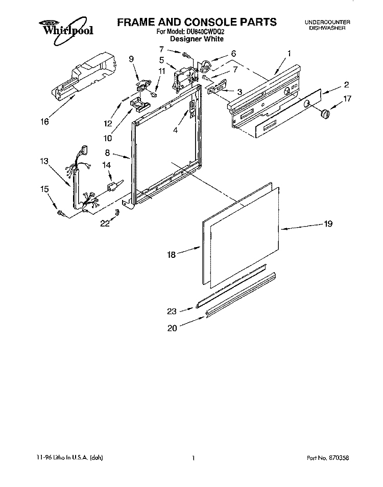 FRAME AND CONSOLE Diagram and Parts List for DU840CWDQ2  Whirlpool Dishwasher