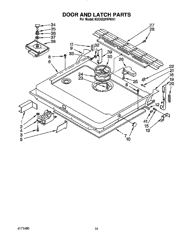 DOOR AND LATCH Diagram and Parts List for KUDI22HWWH1  KitchenAid Dishwasher