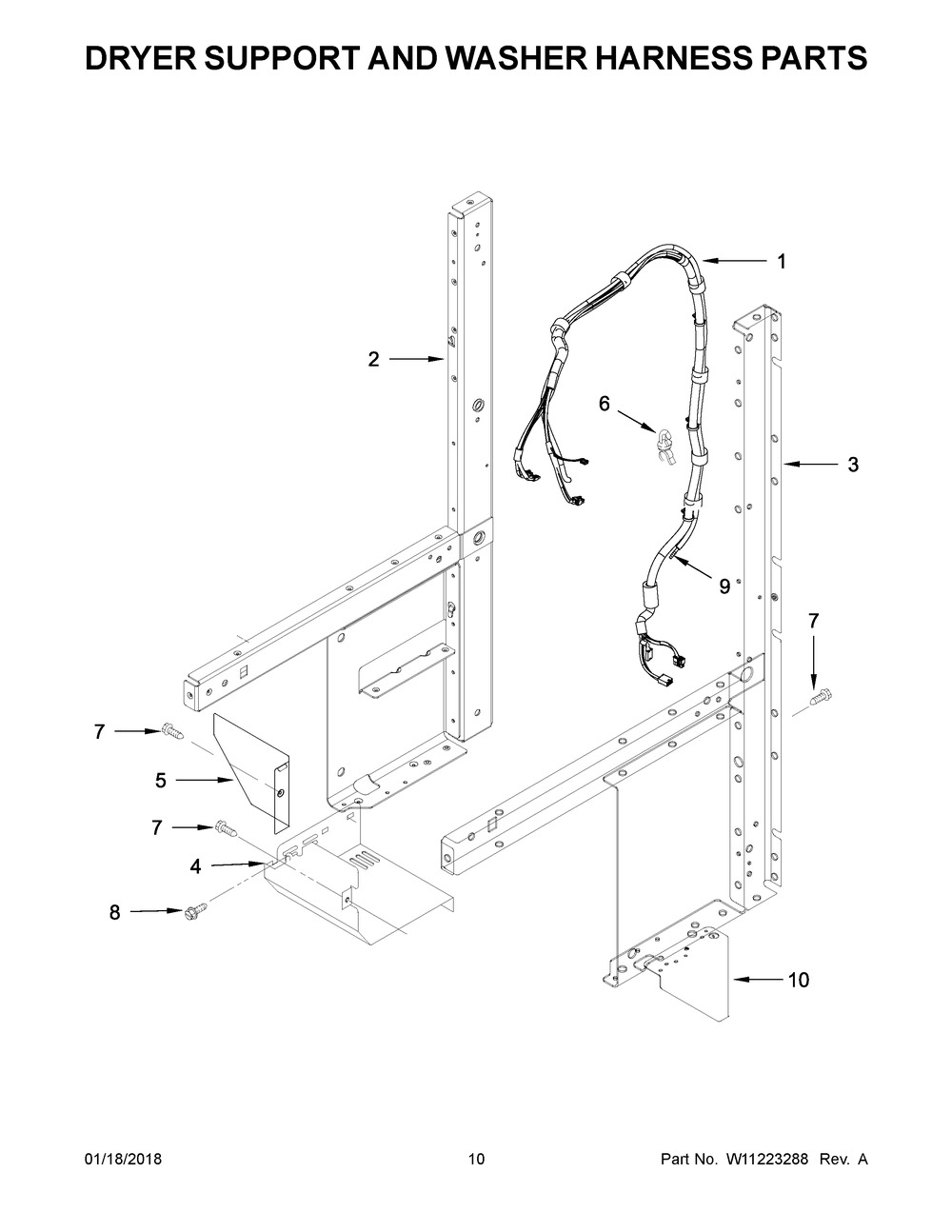 Dryer Support And Washer Harness Parts Diagram and Parts List for WETLV27HW0  Whirlpool Washer Dryer Combo