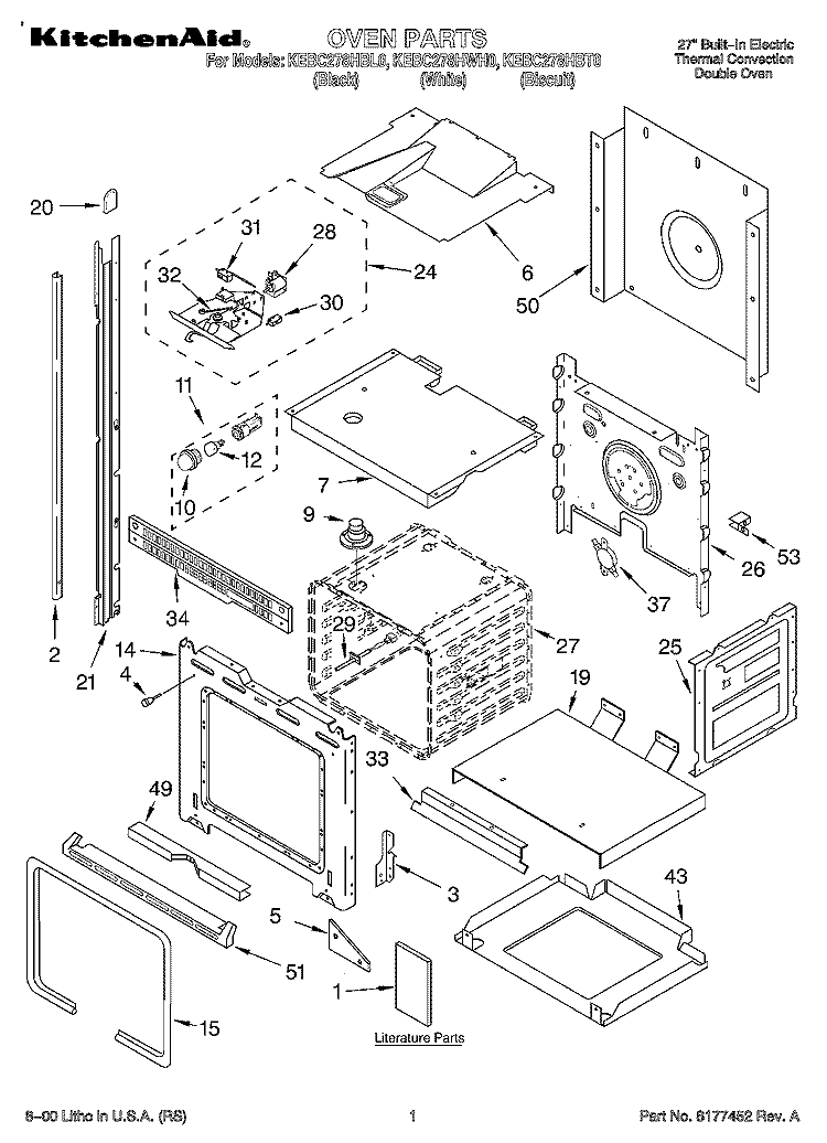 OVEN, LITERATURE Diagram and Parts List for KEBC278HBL0  KitchenAid Wall Oven