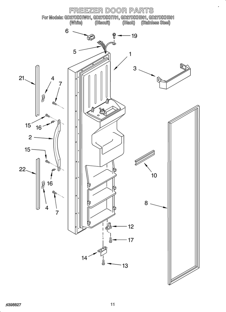 Freezer Door Diagram and Parts List for OEM3-GD27DIXHB01  Whirlpool Refrigerator
