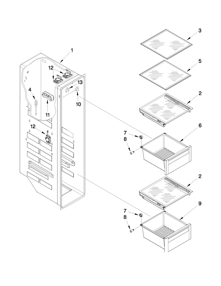 Freezer Liner Parts Diagram and Parts List for WRS973CIDM00  Whirlpool Refrigerator