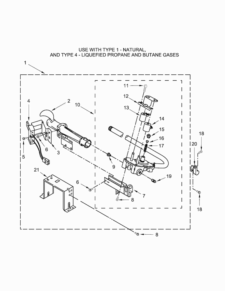 W10608838 Burner Assembly Parts Diagram and Parts List for 11078133410  Kenmore Dryer